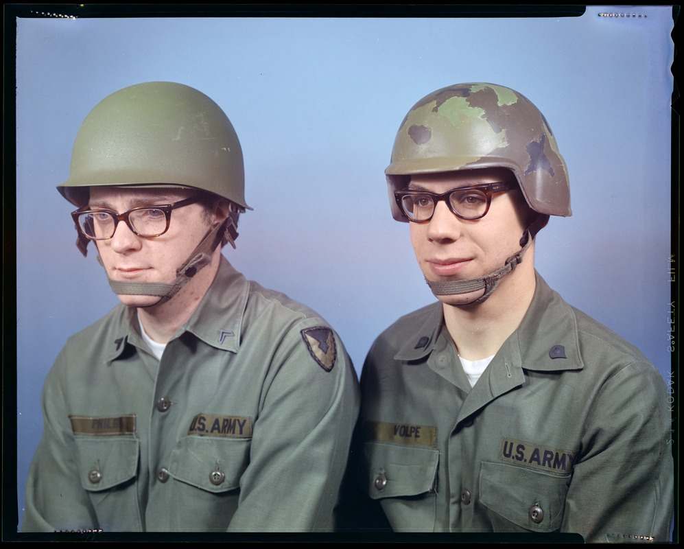 A 1974 Photo, Early PASGT Helmet side by Side with M1 Helmet