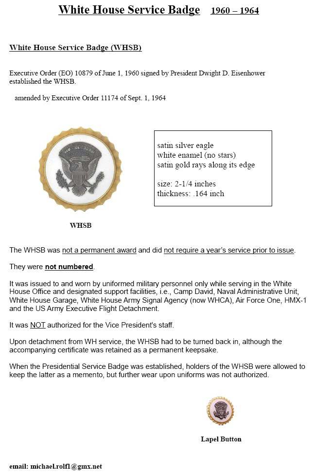 White House Service Badge 19601964 BADGES, AWARDS, DUI, AND COLLAR