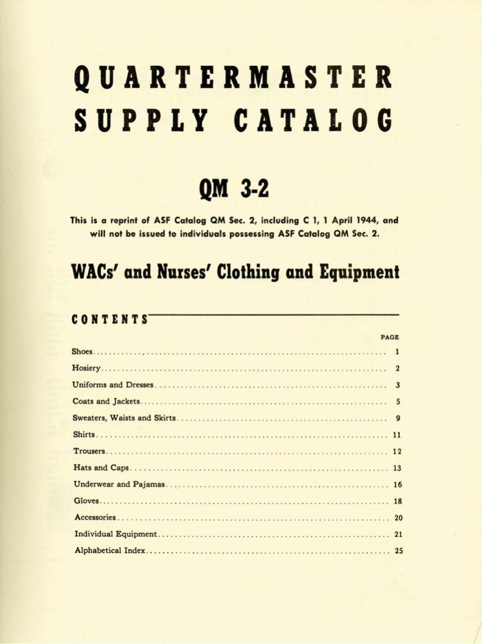 7 October 1943 "Quartermaster Supply Catalog" WOMEN'S SERVICES U