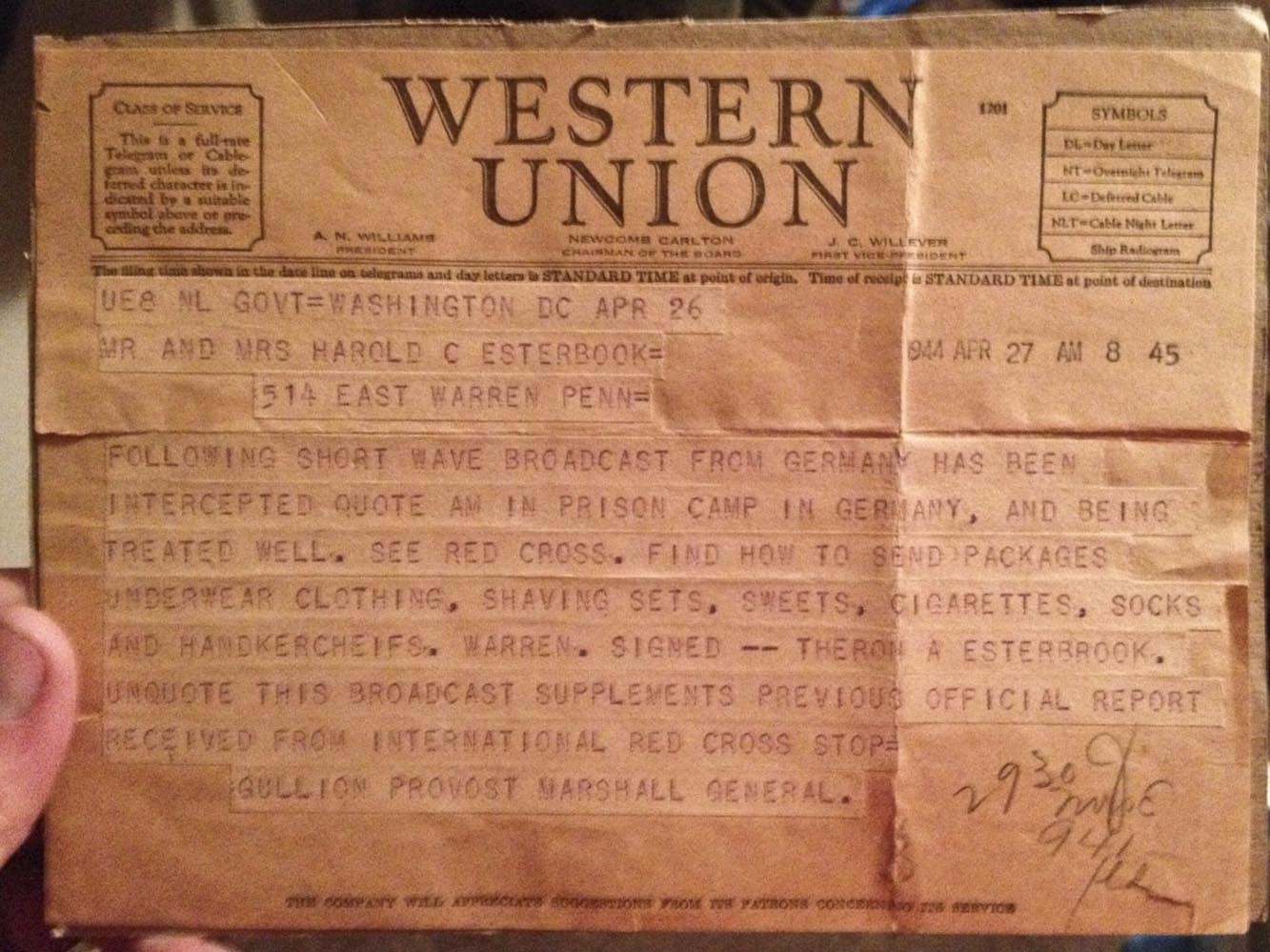 POW telegram - EPHEMERA, PHOTOGRAPHS & MILITARY ARTWORK - U.S