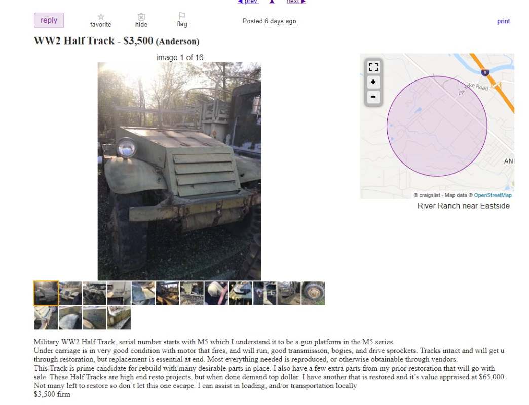 WW2 Half Track FOR SALE!! CraigsList Anderson, CA MILITARY VEHICLES